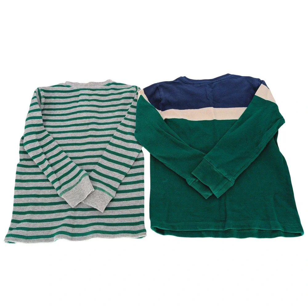 Lot 2 PCS Mini Boden Waffle Knit Thermal Shirts Kids 5-6Y‎ Green Gray Striped